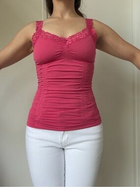 Y2K M Rena Hot Pink Lace Trim Fitted Tank Top Textured Stretch One Size